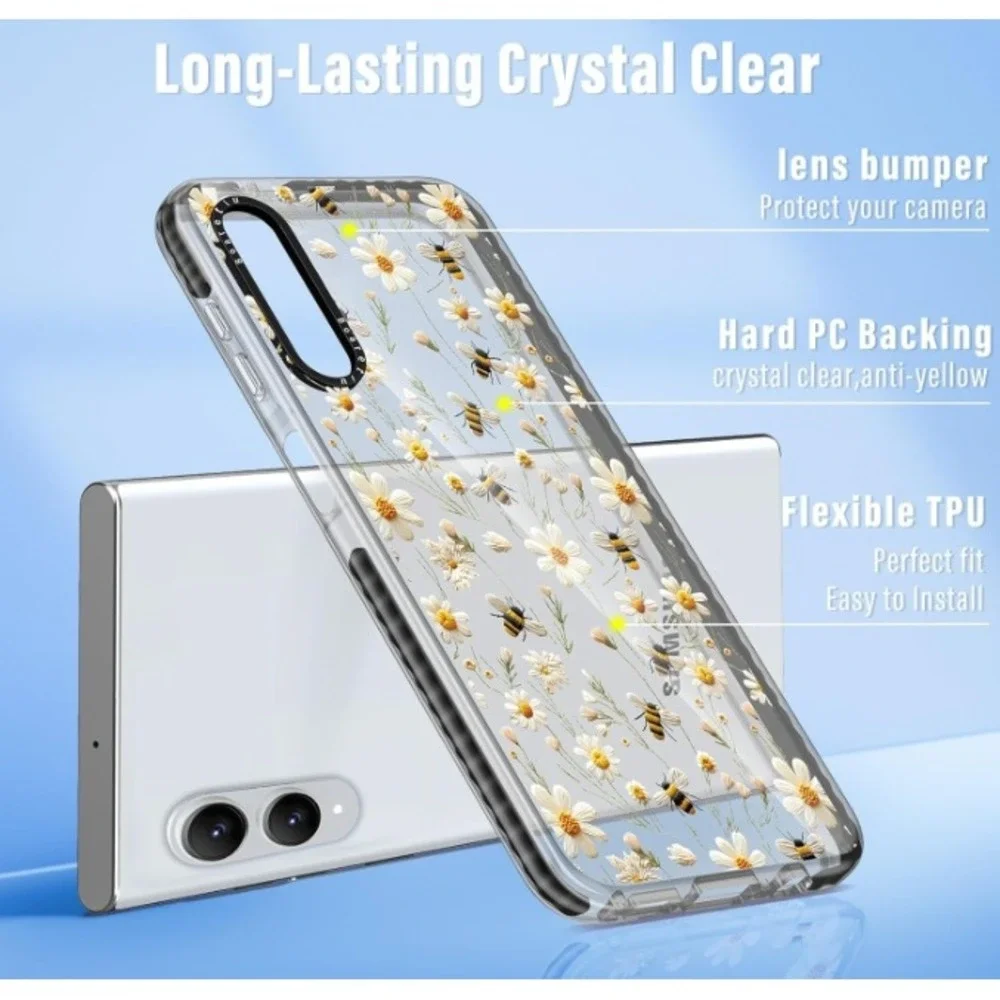 Boaretiu Phone Case Samsung S25 Edge Womens Clear Daisy Bee‎ Ring Stand